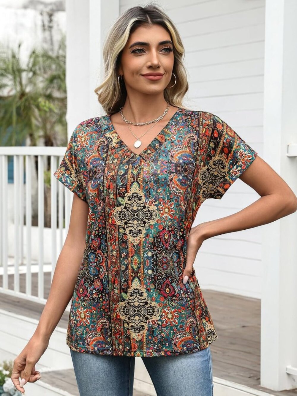 Stylish Women's Summer Tops - Rolled Short Sleeve Dressy Casual Blouses - Picture 3 of 6